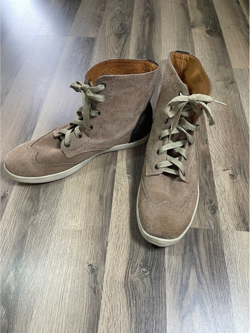 JD Fisk Beige Suede Lace-Up Ankle Boots with Black Heel Accr